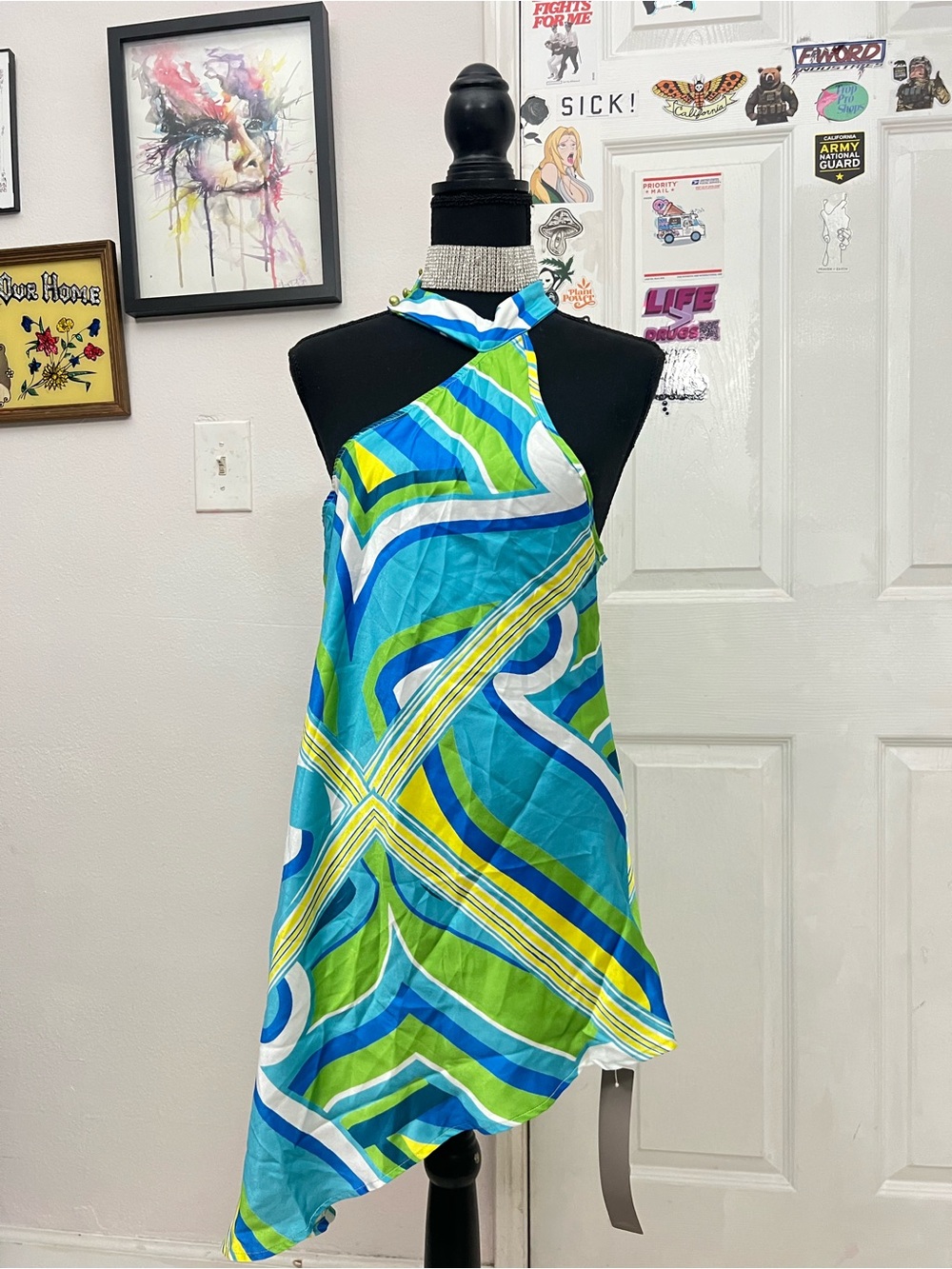 Missguided + Blue, Green, Yellow Abstract Halter Mini Dress
